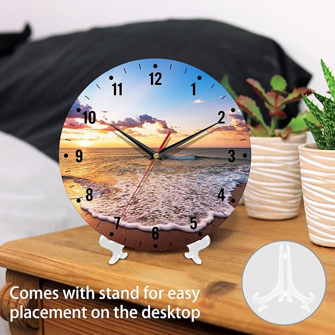 SPUNKER Clocks for Living Room,Ocean Beach Kitchen Wall Clock,Sea Sunrise Clocks 10 Inch Silent Non-Ticking Wall Battery Operated for Living Room Bedroom Bathroom Laundry Room Decor
