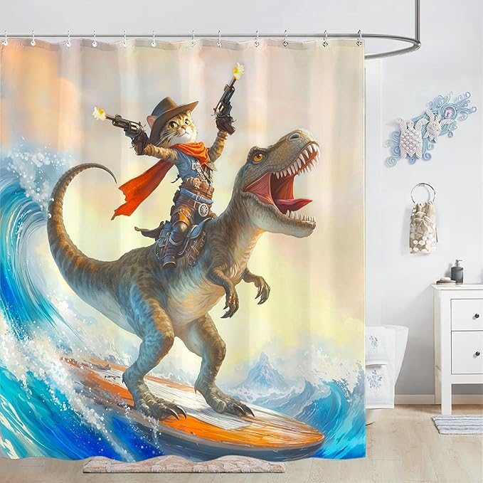 Yeoiat Cowboy Cat Shower Curtain Funny Shower Curtain Dinosaur Shower Curtains for Bathroom Fun Shower Curtain Set with 12 Hooks Dinosaur03 72×72 Inches