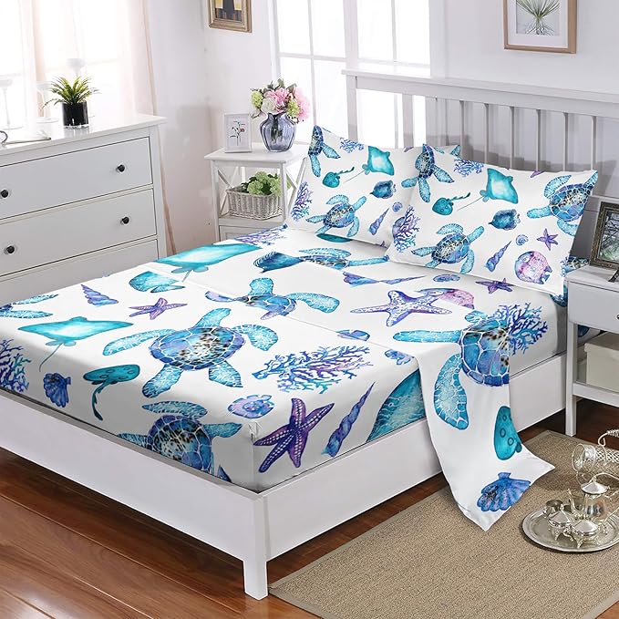 Blue Sea Turtle Sheet 4Pcs Twin Ocean Coral Starfish Shell Fish Bedding Set for Kid Teen Girl Boy Adult Bed Decor Conch Manta Ray Bedspread with 1 Flat Sheet and 1 Fitted Sheet+2 Pillowcases