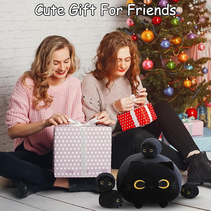 SQEQE Black Cat Plush, Cat Stuffed Animals Plushie with 4 Cute Babies Cat Plushies in Her Tummy, Soft Plushie Pillow Gifts for Kids