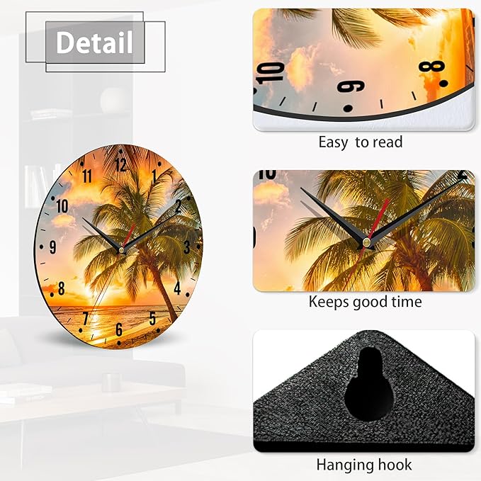 SPUNKER Wall Clocks,Palm Trees Sunset 10 Inch Wall Clock,Sea Beach Small Battery Operated Wall Clocks Decorative for Kitchen/Living Room/Bedroom/Bathroom/Dining Room