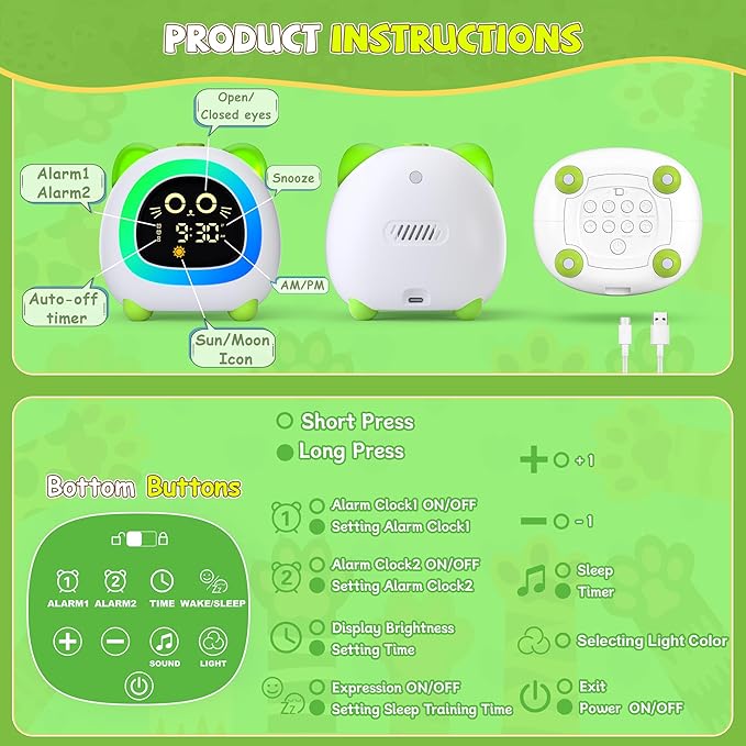 winshine Kids Alarm Clock, OK to Wake Clock with Night Light for Kids, Stay in Bed Clock Sleep Training, Nap Timer Cute Kids Room Decor, Gift Ideas for Kids Toddler Boy Girl (Green)
