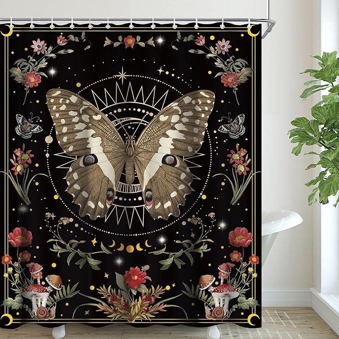 Black Red Moth Mushroom Flower Shower Curtain Sets for Bathroom 60Wx72H Wichy Boho Shower Curtain Gothic Polyester Bathtub Curtain Plant Butterfly Floral Bathroom Decor with 12 Hooks