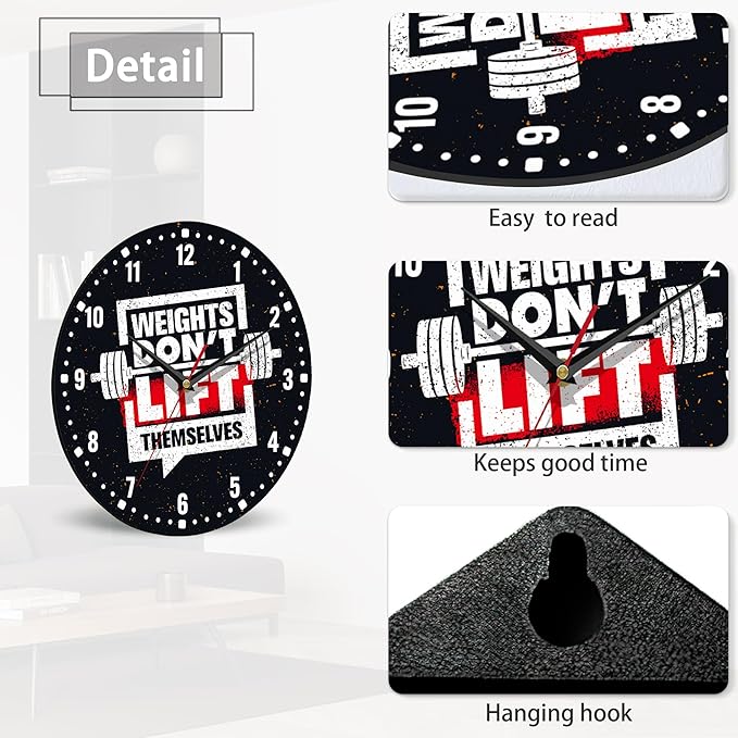 SPUNKER Wall Clock,Weights Don't Lift Themselves 10 Inch Wall Clock,Gym Quote Small Battery Operated Wall Clocks Decorative for Kitchen/Living Room/Bedroom/Bathroom/Dining Room