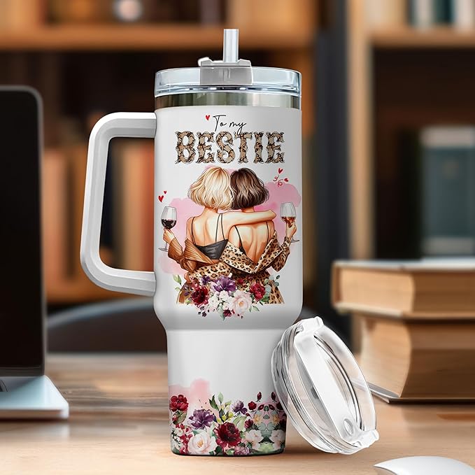 Tumbler 40 Oz With Handle Lid And Straw, My Bestie Watercolor Floral, Boss Tumblers Funny Cups Women Leopard Friends Stainless For Print Steel Coffee Flower