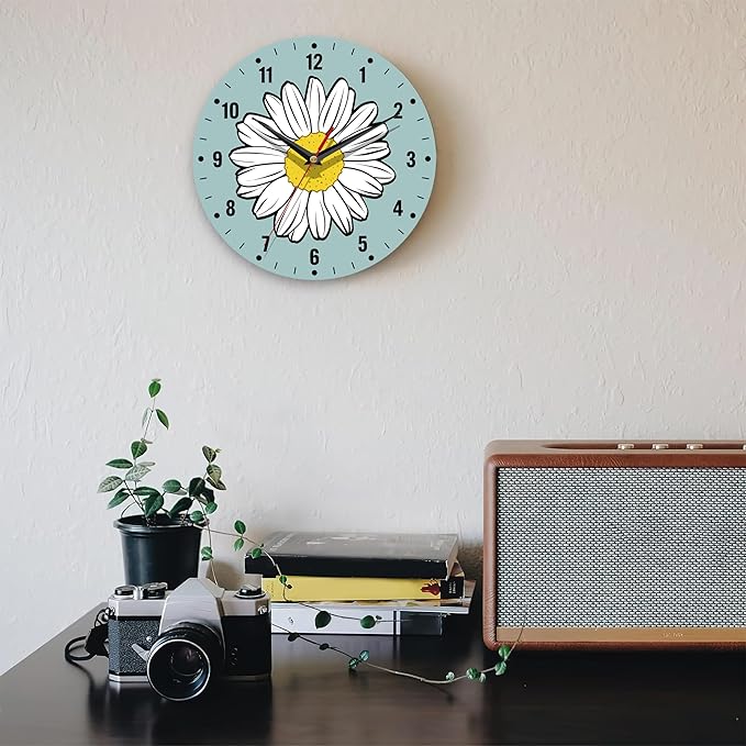 SPUNKER Clock for Bedroom,White Daisy Wall Clocks for Living Room Decor,Summer Flower Kitchen Clocks Wall Battery Operated - 10 Inch Round Bathroom Wall Clock Silent Non-Ticking