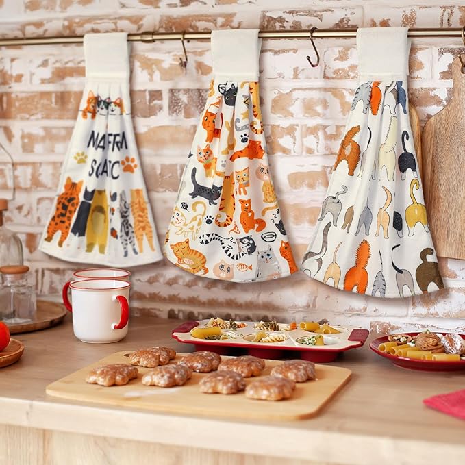 Sratte 4 Pcs Cat Kitchen Tie Towels with Hanging Loop Set Funny Cat Lover Gift Cute Hand Towels Kitty Owners Bath Dish Absorbent Oven Stove Washcloth for Home Women Mom Housewarming Gifts Decor
