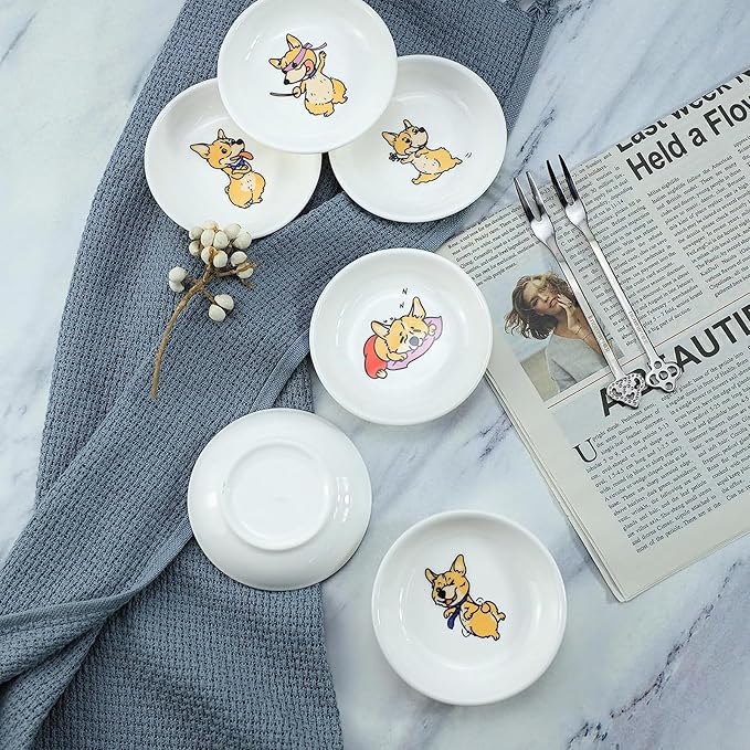 Super Cute Cartoon Animal Pattern Ceramic Sauce/Seasoning/Sushi Soy Dipping Bowl/Appetizer Plates/Serving Dish for Kitchen Home (Set of 6) - Corgi