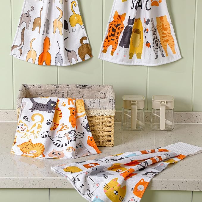 Sratte 4 Pcs Cat Kitchen Tie Towels with Hanging Loop Set Funny Cat Lover Gift Cute Hand Towels Kitty Owners Bath Dish Absorbent Oven Stove Washcloth for Home Women Mom Housewarming Gifts Decor