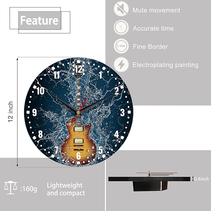 SPUNKER Wall Clock,Electric Guitar Wall Clocks,Guitar in Water Battery Operated Wall Clock Silent Non-Ticking Decorative for Home Kitchen Bathroom Living Room Bedroom Office 10 Inch