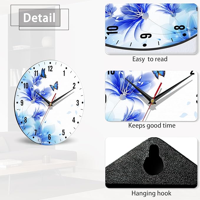 SPUNKER Clocks for Living Room,Blue Butterfly 10 Inch Wall Clock,Lily Flower Small Battery Operated Wall Clocks Decorative for Kitchen/Living Room/Bedroom/Bathroom/Dining Room