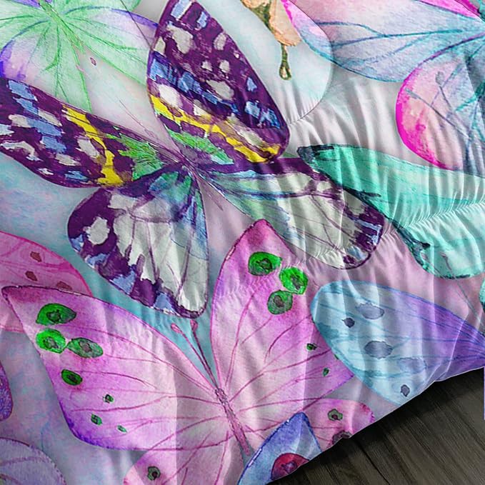 BSNTHO Blue Butterfly Comforter Set Watercolor Tie Dye Bedding Set Flying Butterflies Printed Duvet for Girls Queen 1 Comforter 2 Pillowcases for All Season