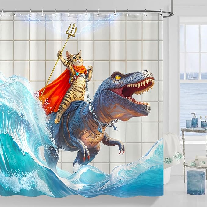 Yeoiat Cat Shower Curtain Ocean Funny Shower Curtain Dinosaur Shower Curtains for Bathroom Wave Shower Curtain Set with 12 Hooks Dinosaur05 72×72 Inches