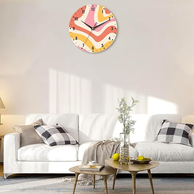 SPUNKER Clock for Bedroom,Colorful Waves Wall Clock Battery Operated 10 Inch,Retro 70s Round Clock Silent Non-Ticking Wall Decor for Farmhouse Office Home School Living Room Bedroom