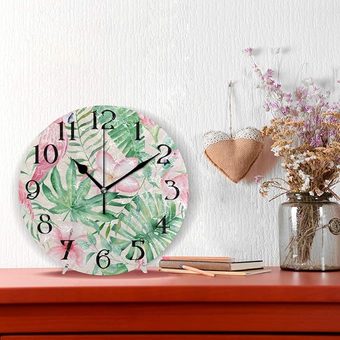 Tropical Plant Green Palm Leaves Pink Flamingo Wall Clock 9.5 Inch Non-Ticking Silent Clocks Round Bathroom Clock Battery Operated Quartz Analog Decorative Desk Clock for Living Room