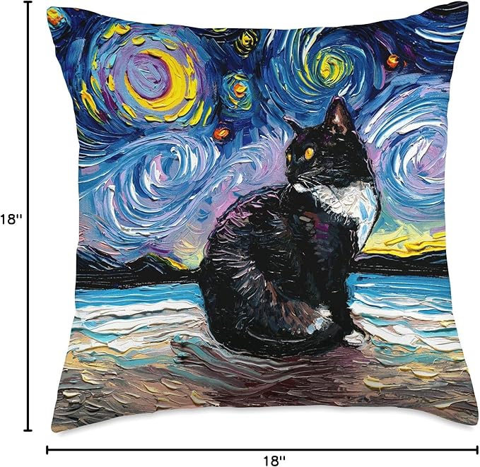 Tuxedo Cat on Beach Starry Night Impressionist Art by Aja Throw Pillow