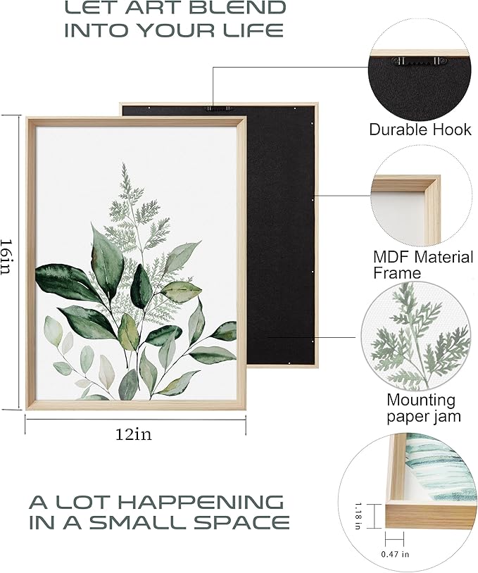 UPWOIGH Framed Green Wall Art(No Plexiglass), Olive Leafs Canvas Wall Art,12x16in Botanical Wood Bohemia Sage Wall Decor Prints Artworks for Bathroom Bedroom, Plant Neutral Wall Art Set of 3