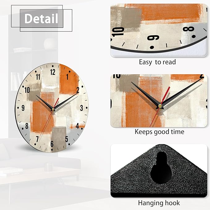 SPUNKER Clocks for Living Room,Orange Modern Art Wall Clock Battery Operated 10 Inch,Abstract Painting Round Clock Silent Non-Ticking Wall Decor for Farmhouse Office Home School Living Room Bedroom