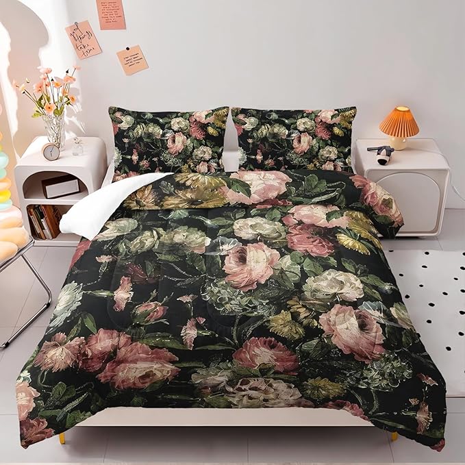 Boho Floral Comforter Set King Black Floral Bedding Sets 3PCS for Kids Teen Adult Flowers Leaves Room Decor Ultra-Soft Lightweight Microfiber 1 Comforter with 2 Pillowcases