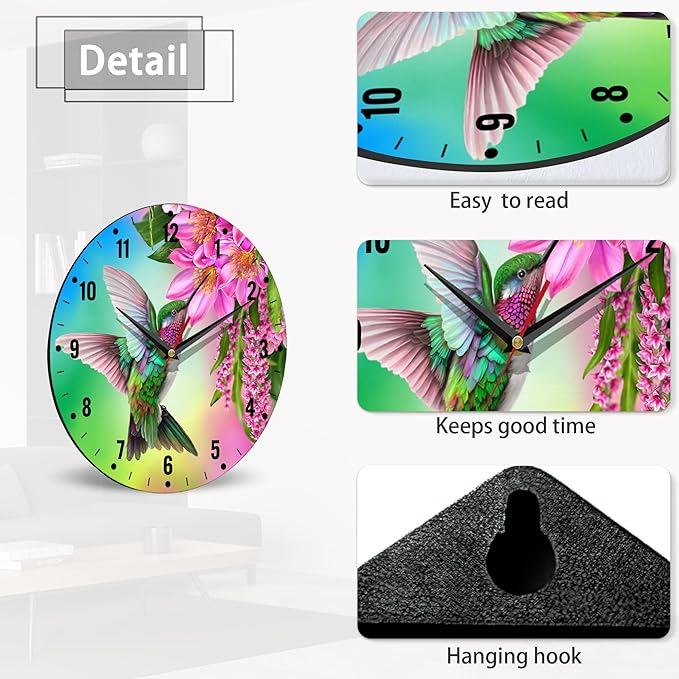 SPUNKER Clocks for Living Room,Hummingbird Wall Clock Battery Operated 10 Inch,Tropical Bird Red Flowers Round Clock Silent Non-Ticking Wall Decor for Farmhouse Office Home School Living Room Bedroom