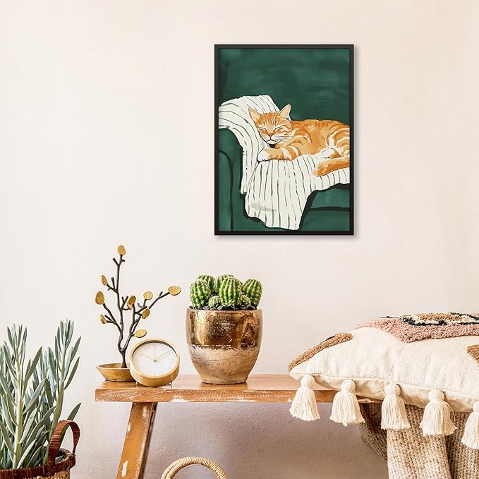 Sleeping Orange Cat poster Green Aesthetic Wall Art Preppy Funky Cute Animal Canvas Painting Gift For Cat Lover 24x36 inch Black Framed for Cozy Room Wall Decor