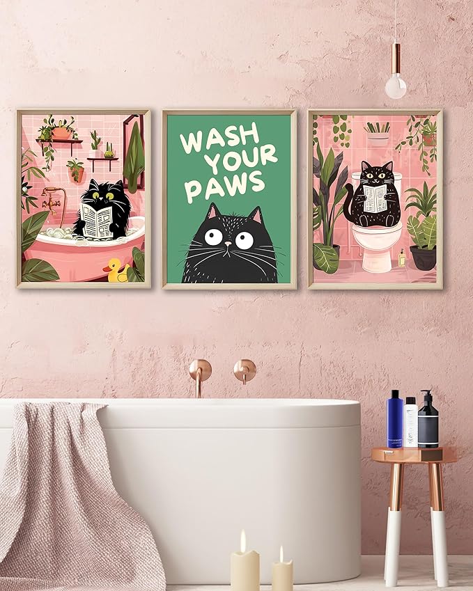 UPWOIGH 12"x16" Wood Framed Wall Art – Funny Black Cat Canvas Decor, Are You Pooping? Vintage Bathroom Poster Set of 3, Cute Reading Animal Humor Prints for Apartment, House, or Restroom Decoration