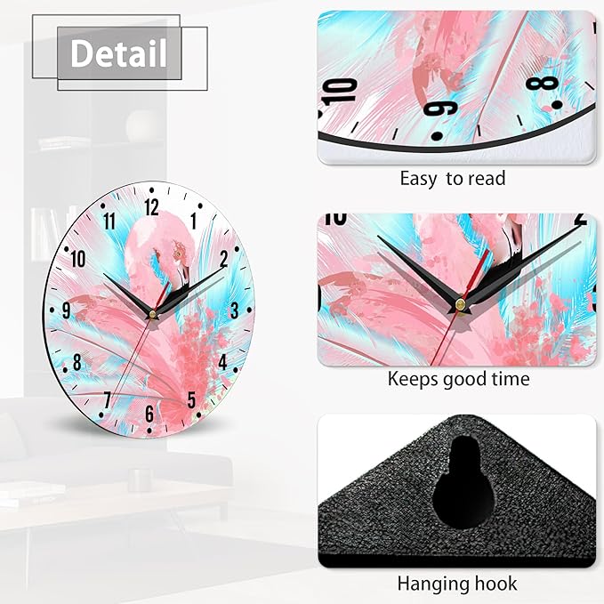 SPUNKER Wall Clocks,Pink Flamingo 10 Inch Wall Clock,Abstract Blue Feathers Small Battery Operated Wall Clocks Decorative for Kitchen/Living Room/Bedroom/Bathroom/Dining Room