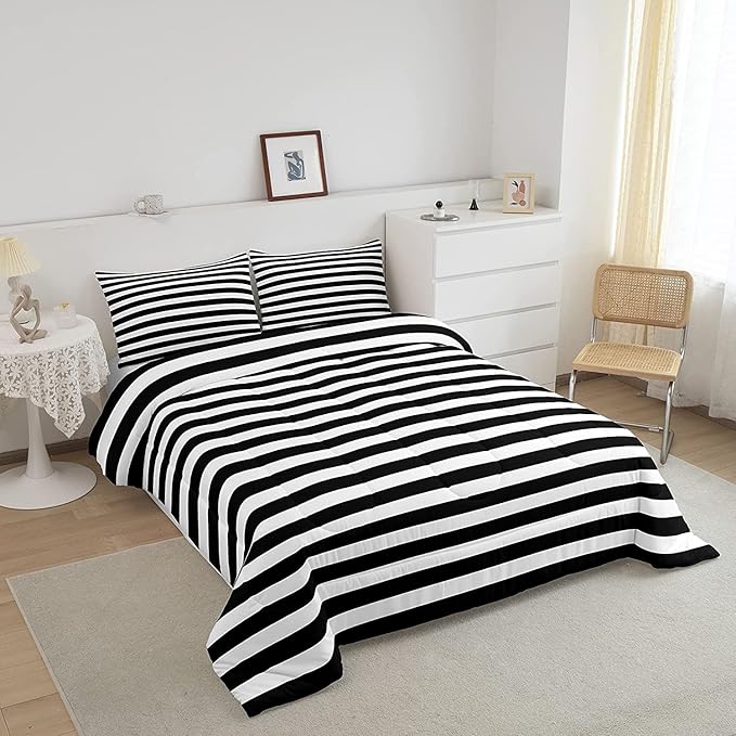 Striped Comforter Set Black and White Stripe Bedding Set King Kids Boys Girls Women Men Farmhouse Ticking Stripes Duvet Set Modern Geometric Lines Adults Abstract Gothic Home Decor Soft Reversible