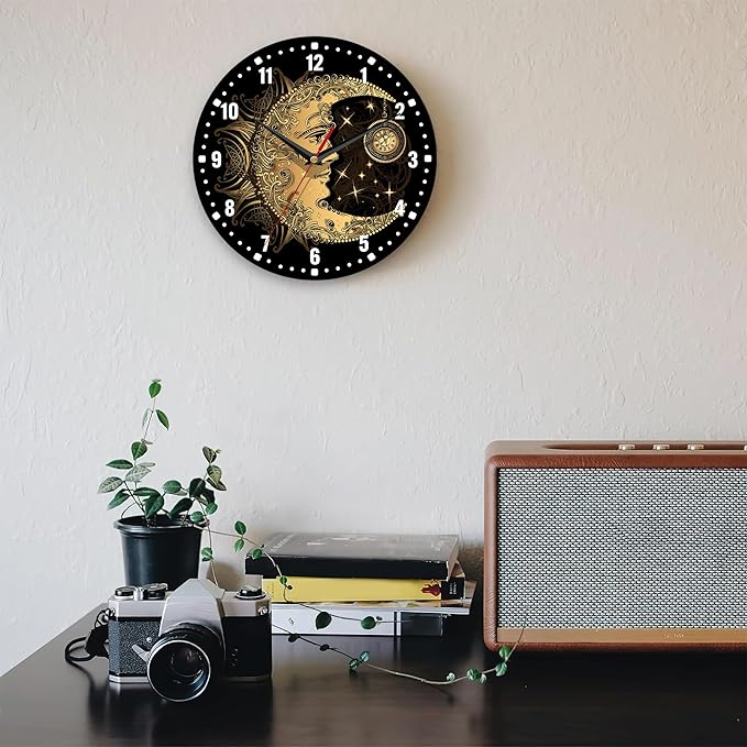 SPUNKER Clock for Bedroom,Boho Moon Sun Wall Clock Battery Operated 10 Inch,Golden Mandala Round Clock Silent Non-Ticking Wall Decor for Farmhouse Office Home School Living Room Bedroom