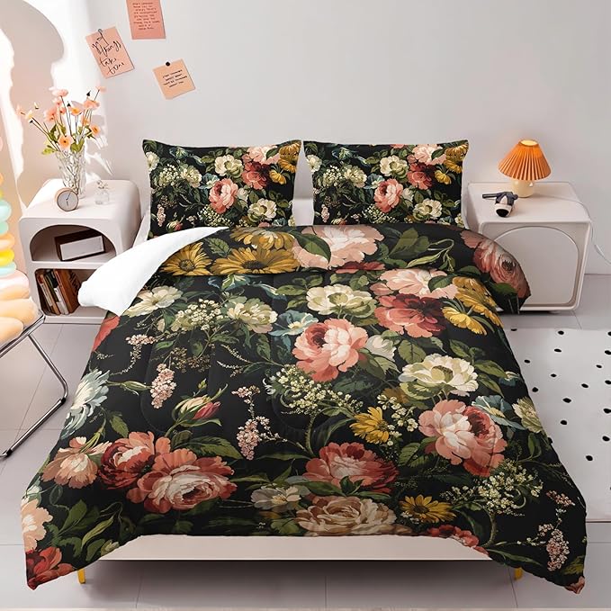 Black Floral Comforter Set Full Colorful Floral Bedding Sets 3PCS for Kids Teen Adult Flowers Leaves Room Decor Ultra-Soft Lightweight Microfiber 1 Comforter with 2 Pillowcases
