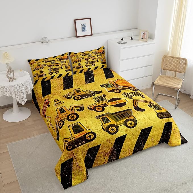 Boys Excavator Bedding Set Queen Size Kids Construction Vehicles Comforter For Kids Children Cartoon Machinery Truck Comforter Set Construction Site Cars Tractor Duvet Set 3Pcs With 2 Pillow Cases