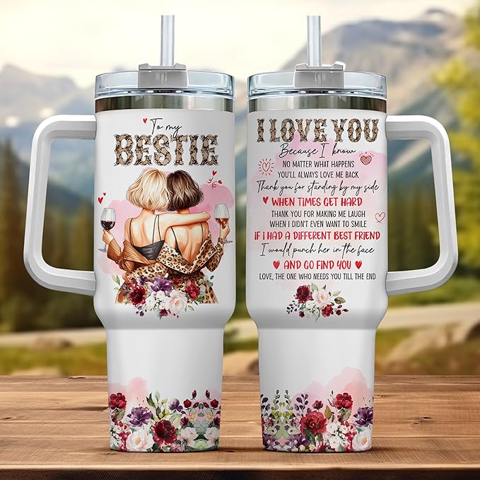 Tumbler 40 Oz With Handle Lid And Straw, My Bestie Watercolor Floral, Boss Tumblers Funny Cups Women Leopard Friends Stainless For Print Steel Coffee Flower