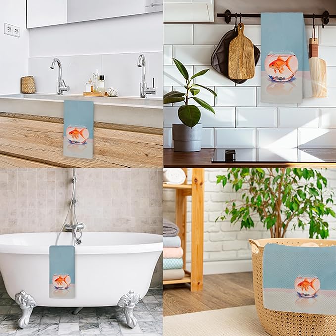 Watercolor Goldfish Tank Kitchen Towels, Fish Lover Gifts Hand Towels for Bathroom Kitchen, Coastal Beach Ocean Goldfish Decorative Dish Towels Drying Cloth, 16x24 Inch