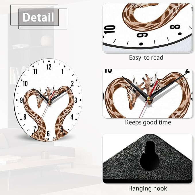 SPUNKER Clock for Bedroom,Giraffes Kitchen Wall Clock,Abstract Love Heart Clocks 10 Inch Silent Non-Ticking Wall Battery Operated for Living Room Bedroom Bathroom Laundry Room Decor