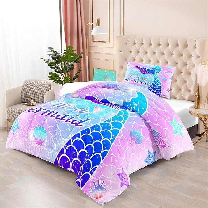 Twin Mermaid Bedding Set for Girls - Pink Comforter With Pillowcase, Soft Breathable Microfiber Skin Surface Scales Quilt, Ocean Life Bedroom Decor, 2Pcs