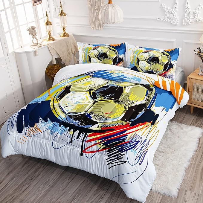 BSNTHO Soccer Comforter Set Boys Sports Bedding Set Queen Size for Kids Teens Hand Drawn Football Graffiti Style Comforter Design 3 Piece with 1 Comforter 2 Pillowcases