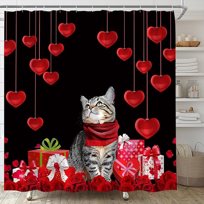 Valentine's Day Shower Curtain Mr Mrs Red Black Romance Heart Cat Love for Couple Funny Creative Bathroom Curtains Decor Fabric Set Include Hooks,(67" Wx70 H)
