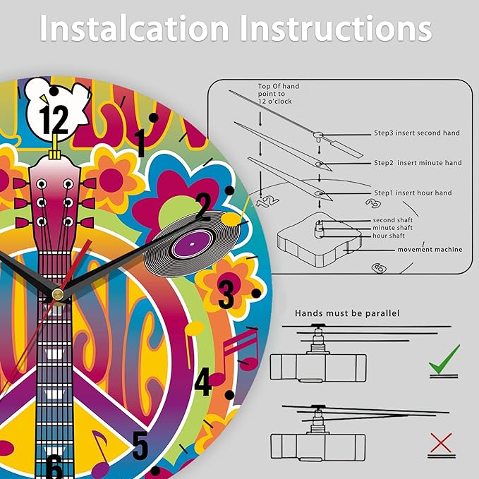 SPUNKER Clock for Bedroom,Music Guitar Kitchen Wall Clock,Peace Symbol Dove Clocks 10 Inch Silent Non-Ticking Wall Battery Operated for Living Room Bedroom Bathroom Laundry Room Decor