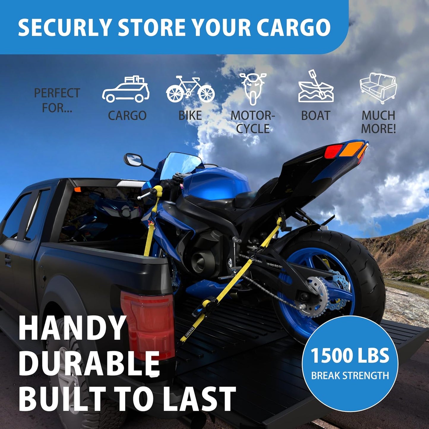 HandT USA Based Retractable Ratchet Straps (2PK) 1in x 6ft - 1,500lb Break Strength, Heavy Duty Automatic Ratchet Straps Self Retractable Tie Down, Push Button Retracting Truck Trailer Cargo | Yellow