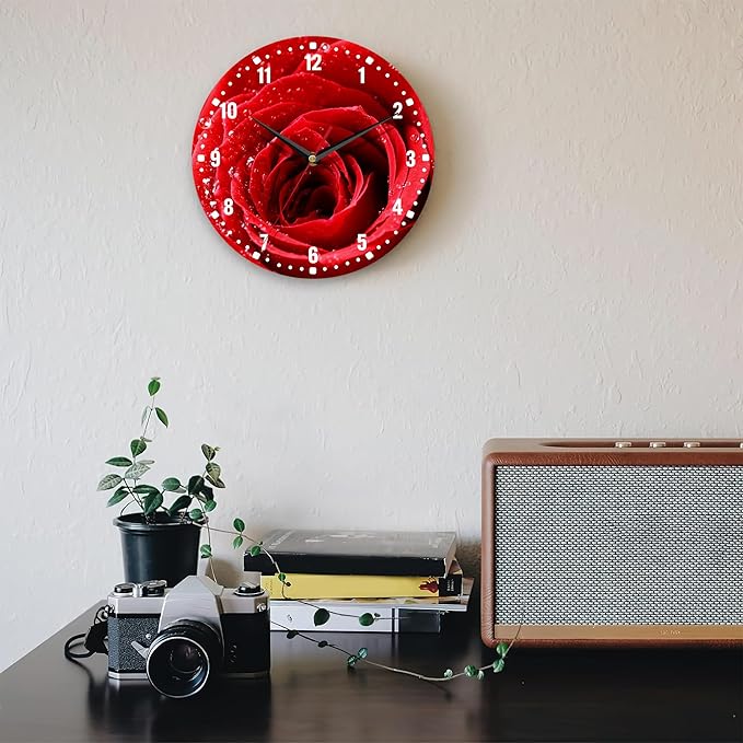 SPUNKER Wall Clocks,Red Rose Wall Clock Battery Operated 10 Inch,Flower Bloom Romance Round Clock Silent Non-Ticking Wall Decor for Farmhouse Office Home School Living Room Bedroom