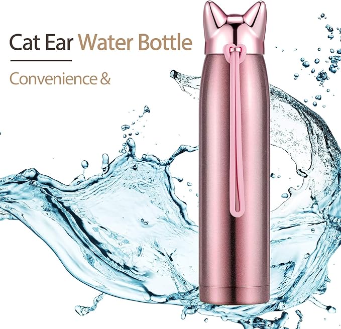 Boao Cute Cat Water Bottle Stainless Steel Insulated Bottle Thermal Travel Coffee Mug Christmas Vacuum Water Mug for Women, 300 Ml/10 oz(Pink)