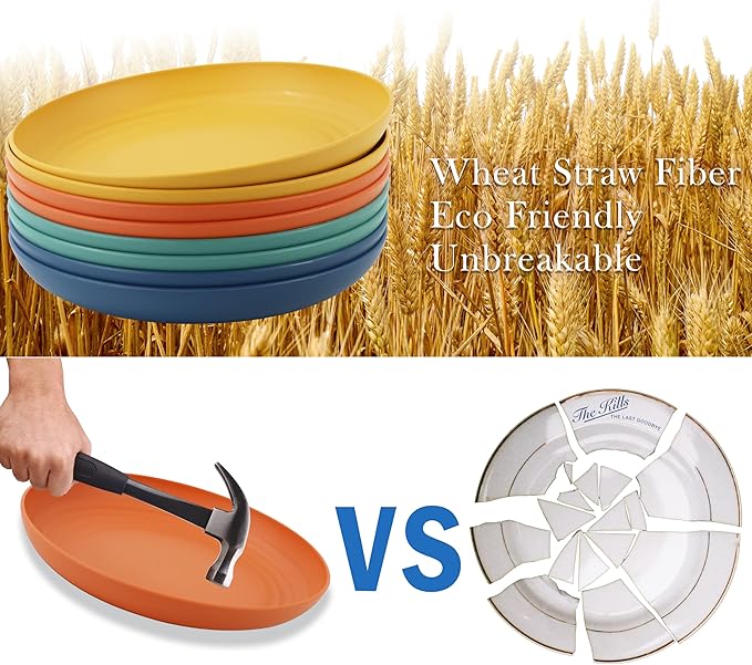 Wheat Straw Plates 10 Inch Deep Dinner Plate Set of 8, Lightweight and Unbreakable Plastic Plates Reusable, Microwave & Dishwasher Safe Kitchen Plate (Multi Colors)