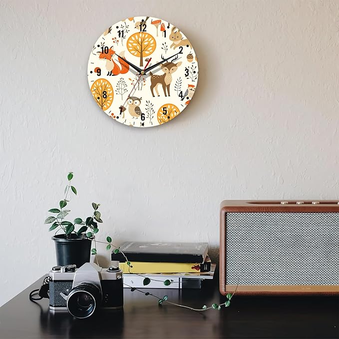 SPUNKER Clocks for Living Room,Cute Animals 10 Inch Wall Clock,Autumn Forest Small Battery Operated Wall Clocks Decorative for Kitchen/Living Room/Bedroom/Bathroom/Dining Room