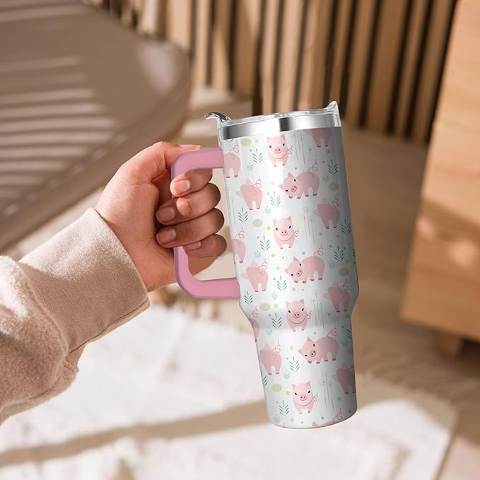 40 Oz Pig Tumbler with Handle and Straw, Double Wall Stainless Steel Pig Coffee Cup, Pig Mug Insulated Pig Cups for Women, 40 Oz Leak Proof Pig Coffee Mug for Women and Pig Gifts for Women
