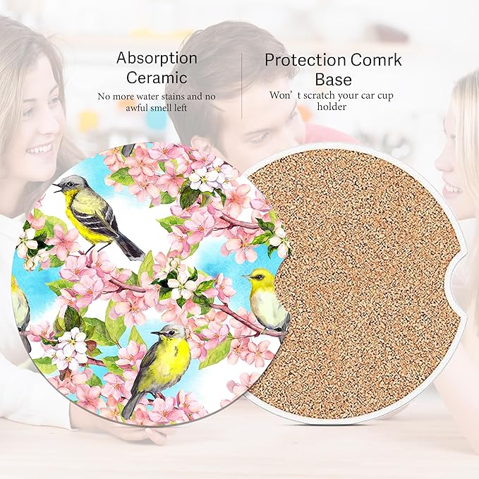 Spring Flowers Blossom and Birds Car Cup Holder Coasters, 2 Pack Cup Coasters Car Accessories Interior Aesthetic for Men Women, Absorbent Ceramic Coaster with Cork Back, Retro Car Decoration Gifts