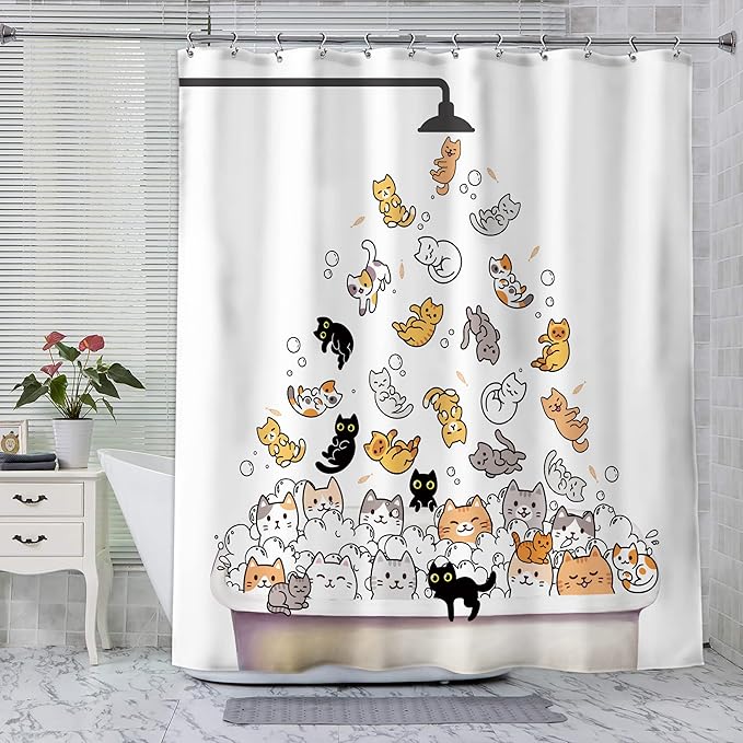SVBright Cute Cat Shower Curtain for Kids Children 72Wx72L Inch Funny Cartoon Animal Raining Colorful Hilarious Lovely Pets Playing Water Bathroom Waterproof Polyester Fabric Bathtub 12 Pack Hooks