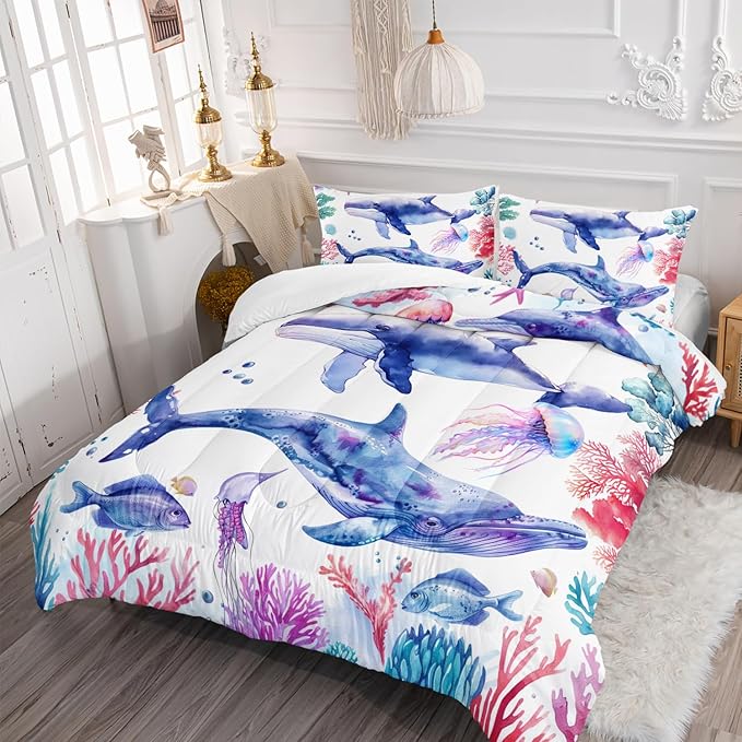 Whale Jellyfish Shark Bedding Dolphin Coral Comforter 3Pcs Twin Underwater Fish Starfish Quilt Set for Kids Teens Girls Boys Clownfish Seaweed Bed Decor Set with 1 Comforter and 2 Pillowcases