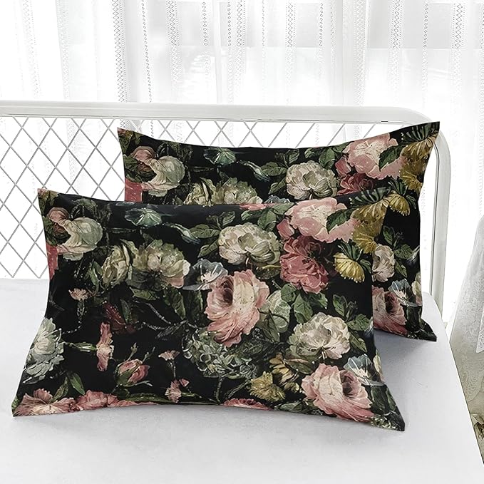 Boho Floral Comforter Set King Black Floral Bedding Sets 3PCS for Kids Teen Adult Flowers Leaves Room Decor Ultra-Soft Lightweight Microfiber 1 Comforter with 2 Pillowcases