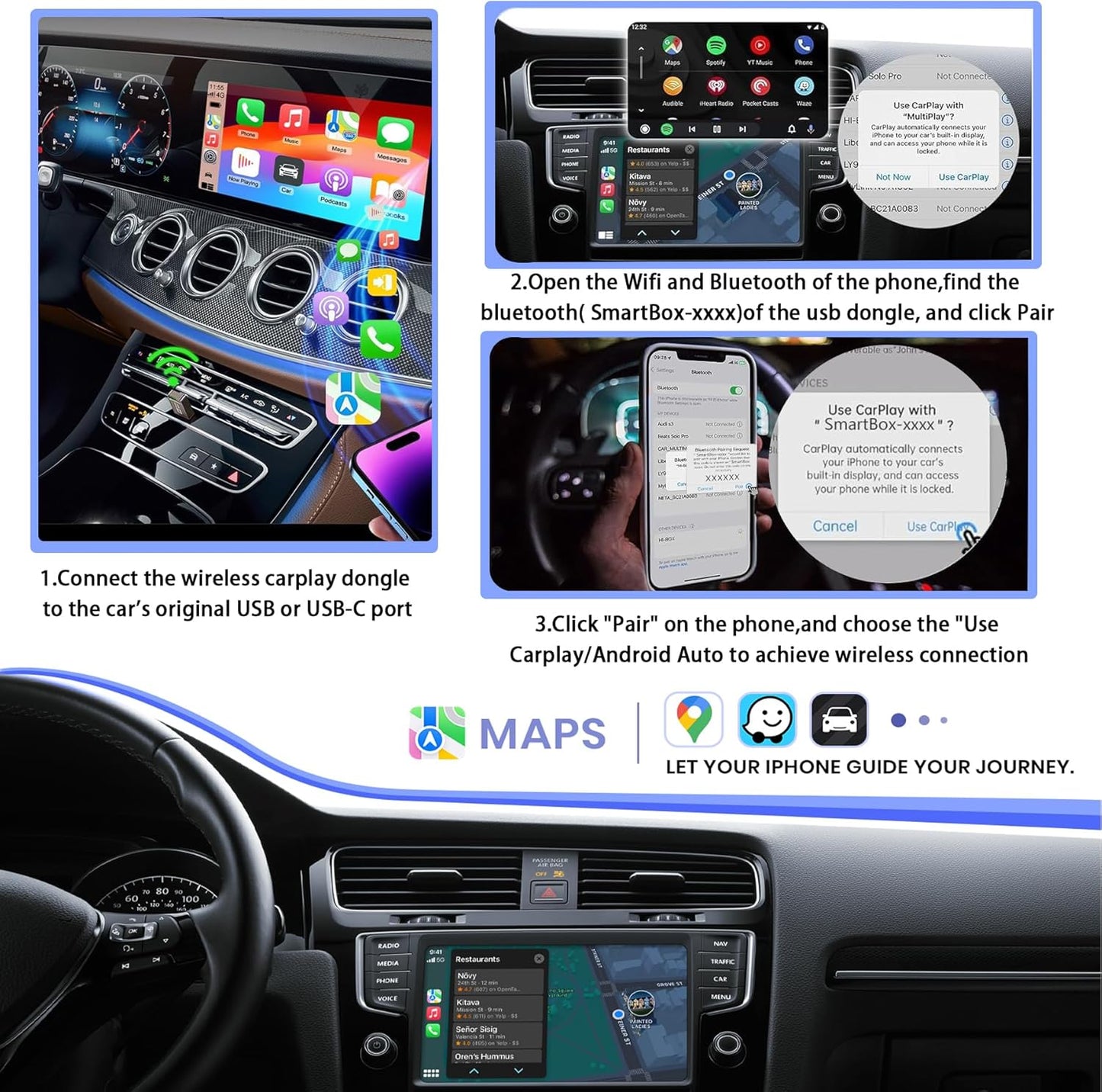 2-in-1 Wireless CarPlay Adapter for iPhone& Android, Convert Wired to Wireless Apple CarPlay Adapter, Mini Size with Extension Cable USB & USB-A/Type-C, Stable Control & No Delay