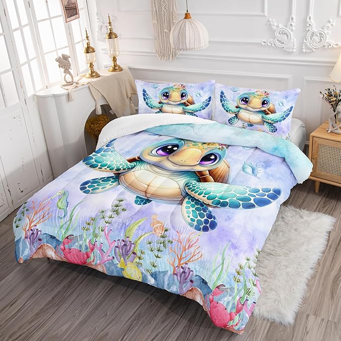 Turtle Bedding Set 3pcs Queen Ocean Life Shell Comforter Set Kid Fish Crab Bedding Set for Boy Girl Watercolor Tortoise Seaweed Theme Pattern Quilt Bed Set with 1 Comforter and 2 Pillowcases